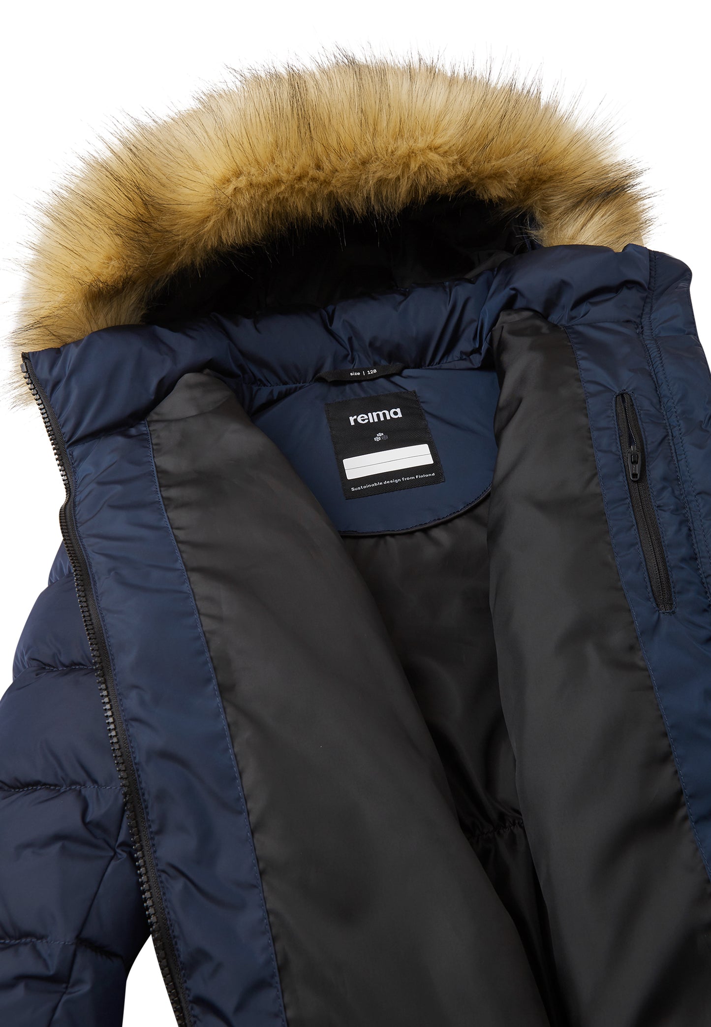 REIMA warmer Wintermantel Lunta<br> Gr. 116 bis 164<br> warm wattiert mit Fellex (künstliche Daune)<br> Pelz wegnehmbar<br> lang geschnitten, leicht glänzend<br> WS 5'000 mm