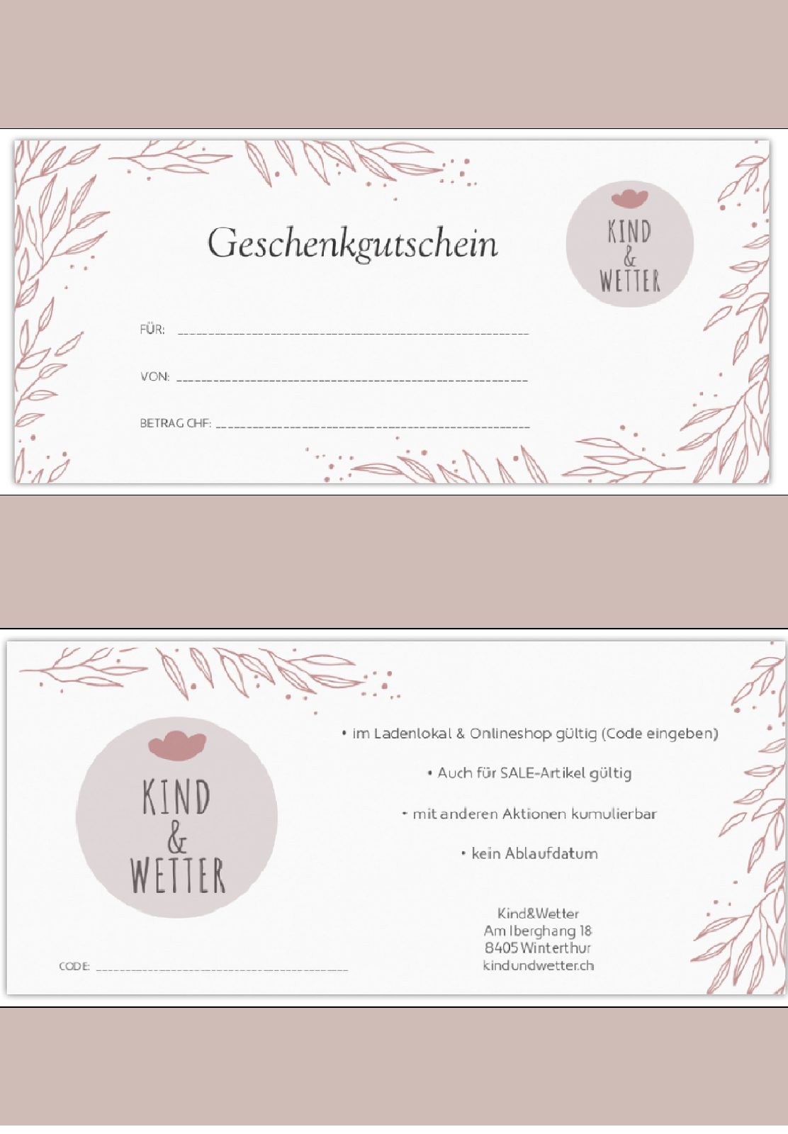 Geschenk-Gutscheine von Kind&Wetter verschenken<br> online oder im Ladengeschäft Winterthur einlösbar<br> Beträge selbst wählbar von Fr. 10, 20, 50, 100, 200, 250, 300